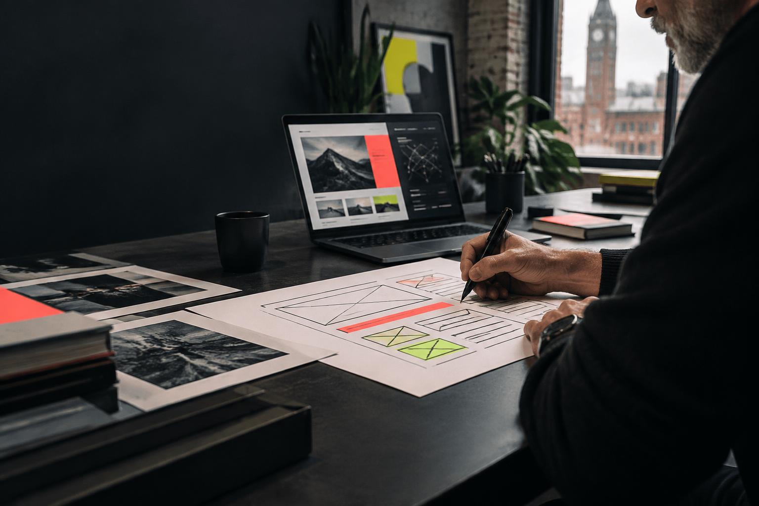 A web designer sketching a website beside a laptop in a Manchester studio